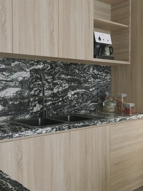 Nowoczesna kuchnia z blatem z granitu Titanium Silver w odcieniach szarości i srebra