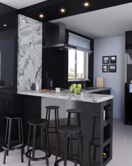 Nowoczesna kuchnia z blatem z granitu Viscont White o jasnym szaro-białym użyleniu