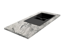 Blat z granitu Viscont White z wycięciem pod zlew, jasny kamień o dekoracyjnym użyleniu