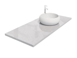 Blat z aglomarmuru Bianco Micro w jasnoszarej tonacji przedstawiony z umywalką nablatową