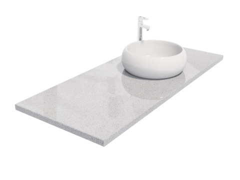 Blat z aglomarmuru Bianco Micro w jasnoszarej tonacji przedstawiony z umywalką nablatową