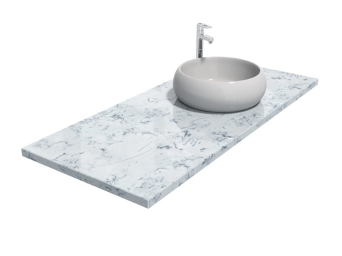 Blat z aglomarmuru Storm z nablatową umywalką, biało-szarym użyleniem i eleganckim wykończeniem