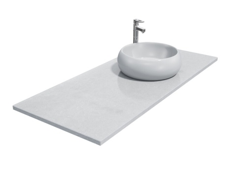 Blat z aglomarmuru White Pearl z jasną, delikatnie perłową strukturą i umywalką nablatową