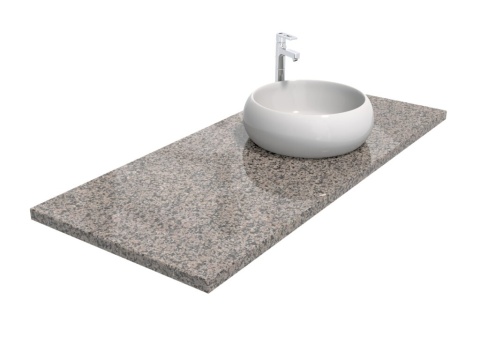 Blat z granitu Crema z nablatową umywalką, o jasnej, drobnoziarnistej i ciepłej beżowo-szarej strukturze