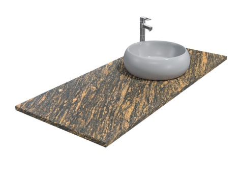 Blat łazienkowy z granitu Gold Antracite Antyk z umywalką nablatową i eleganckim, złoto-czarnym wzorem kamienia