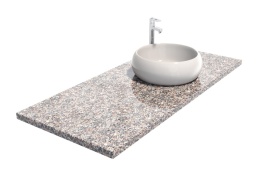 Blat z granitu Rosa Beta z nablatową umywalką, o jasnoszarej powierzchni z drobnymi różowo-czarnymi akcentami