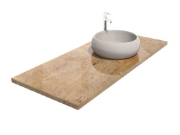 Blat z granitu Shivakashi z nablatową umywalką, o beżowo-kremowej powierzchni z falistym brązowym użyleniem