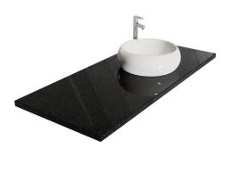 Blat z granitu Star Galaxy z nablatową umywalką, czarny z drobnymi złotymi punktami o lustrzanym połysku