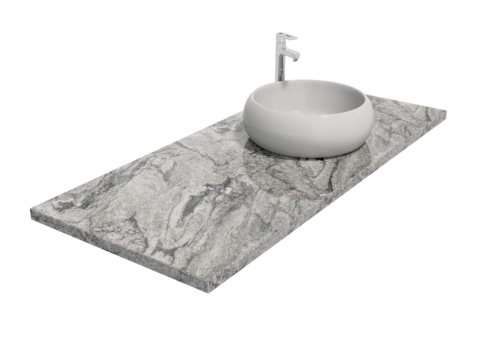 Blat z granitu Viscont White w jasnoszarej tonacji z ciemnymi żyłami i nablatową umywalką na białym tle