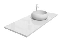 Blat z konglomeratu kwarcowego Crystal White w śnieżnobiałym kolorze z nablatową umywalką na białym tle