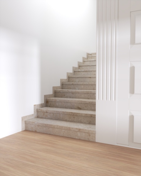 Schody wykończone aglomarmurem Botticino w jasnym beżowym odcieniu z delikatnym użyleniem