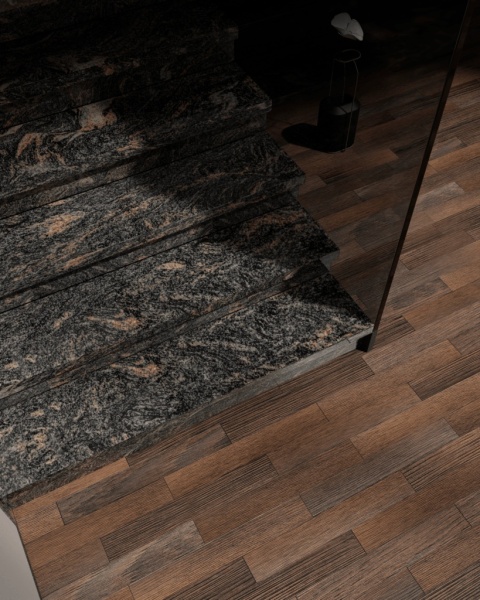 Schody wykończone granitem Paradiso w szaro-beżowych falach, stylowa aranżacja wnętrza