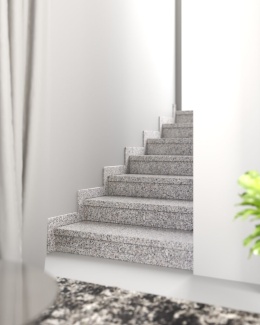 Schody z granitu Rosa Beta z dopasowanym cokołem – jasne, eleganckie wykończenie wnętrza o delikatnym nakrapianym wzorze