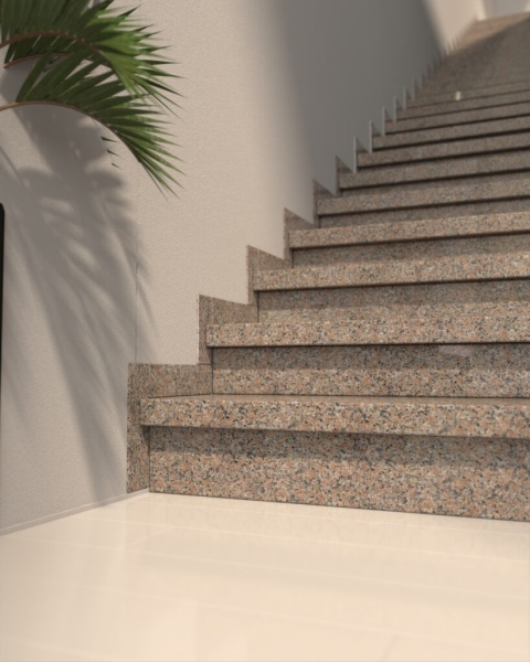 Schody z granitu Rosa Porino z dopasowanym cokołem – eleganckie jasnoróżowe wykończenie wnętrza z naturalnym kamieniem