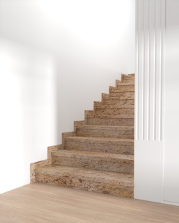 Schody wykończone granitem Shivakashi z dopasowanym cokołem 10 cm w jasnej, eleganckiej aranżacji