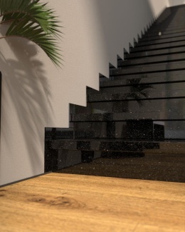 Schody z granitu Star Galaxy z cokołem 10 cm, połysk czerni i złotych iskierek w nowoczesnym wnętrzu