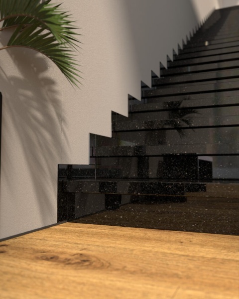 Schody wykończone cokołem z granitu Star Galaxy w czarnym połysku z subtelnymi złotymi drobinami