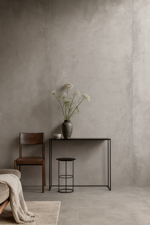 loftowe wnętrza z wykorzystaniem spieku ORSAY GRIS NATURAL w formacie 120×260 cm