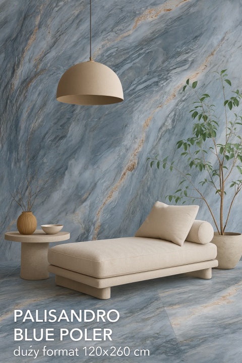 wizualizacja relaksacyjnego wnętrza z wykorzystaniem spieku Palisandro Blue Poler w dużym formacie 120×260 cm