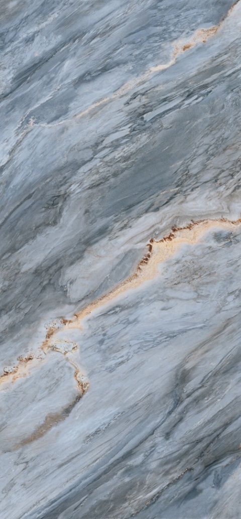 Coverlam Palisandro Blue Poler 5.6 mm – błękitno-szary spiek kwarcowy z beżowymi żyłkami, połysk, bookmatch.