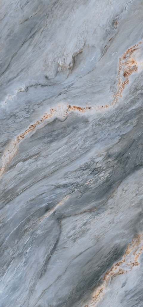 Coverlam Palisandro Blue Poler 5.6 mm – błękitno-szary spiek kwarcowy z beżowymi żyłkami, połysk, bookmatch.