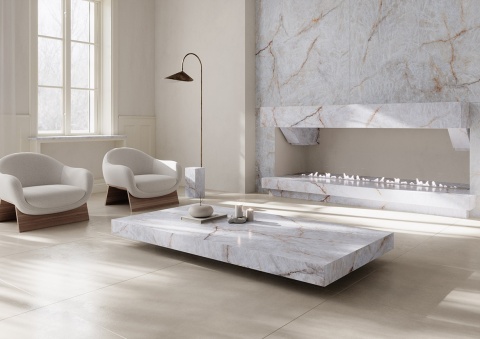 Nowoczesny salon z kominkiem i stolikiem wykonanym ze spieku CHAMPAGNE TRI-D Crema Soft