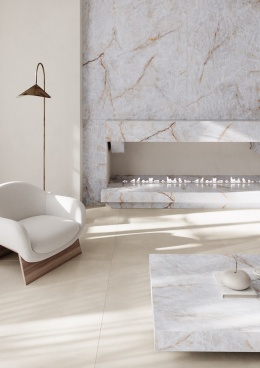 Eleganckie wnętrze z ciepłym wykończeniem w odcieniu kremowym z płyt CHAMPAGNE TRI-D Crema