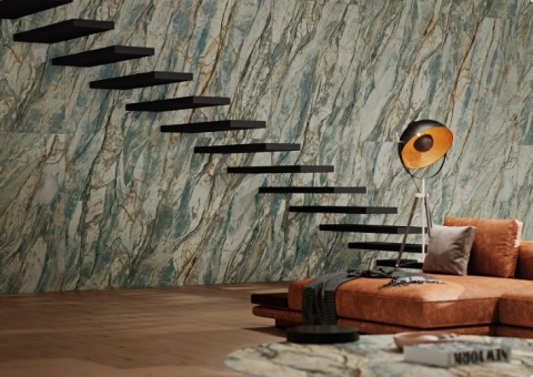 Zbliżenie na strukturę spieku ABSTRACT TRI-D GREEN z zielonym i szarym użyleniem w stylu naturalnego kamienia.