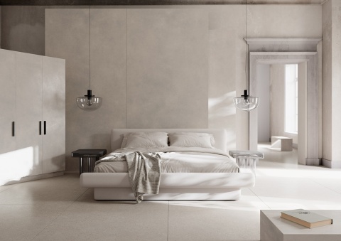 Wnętrze w stylu minimalistycznym z płytami ARCHITEQ TRI-D White na ścianach i podłodze