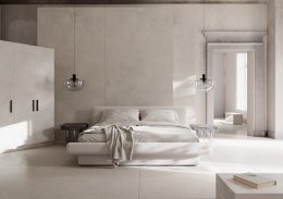 Wnętrze w stylu minimalistycznym z płytami ARCHITEQ TRI-D White na ścianach i podłodze