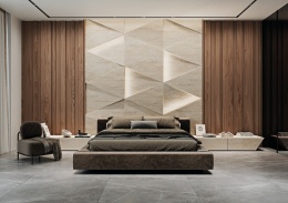 Sypialnia - sciana wyłożona okładziną oraz szafki nocneze spieku  TRI-D INFINITY CREMA w jasnym, kremowym odcieniu