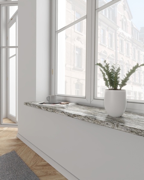 Parapet granitowy Blue Dunes FALCO – stylowe wykończenie okna, naturalny beżowo-szary kamień we wnętrzu