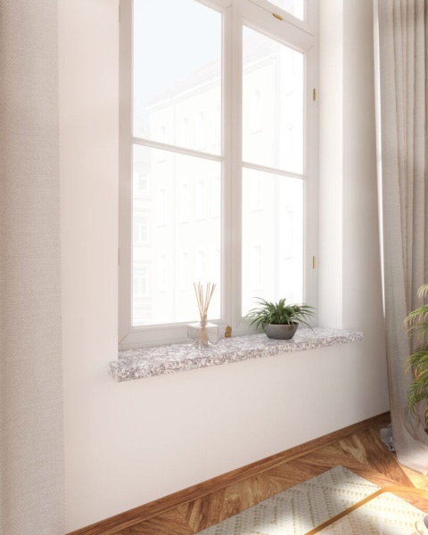Parapet granitowy Brąz Królewski FALCO – eleganckie wykończenie okna w jasnym wnętrzu z naturalnym światłem