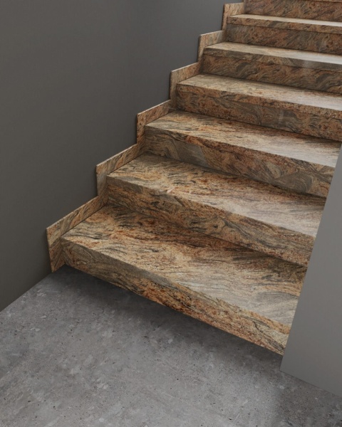 Schody z granitu Juparana – eleganckie i wytrzymałe stopnie o naturalnym wzorze kamienia w beżowo-brązowej tonacji