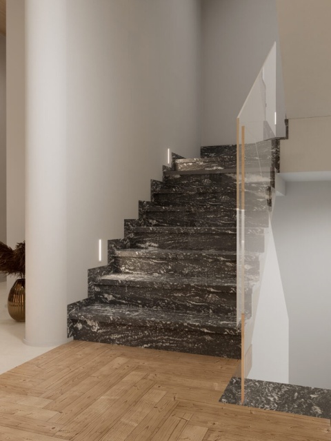 Schody z granitu Titanium Silver z widocznym cokołem 10 cm w nowoczesnym wnętrzu