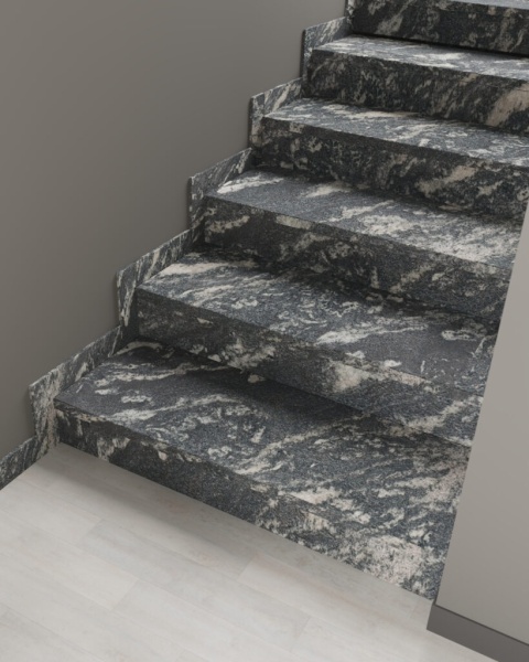 Schody z granitu Titanium Silver Antyk z dopasowanym cokołem 10 cm w eleganckim wnętrzu