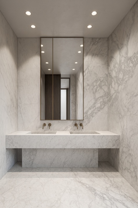 Dolomit Salvatore o grubości 20 mm pojawia się jako okładzina ścienna i blat