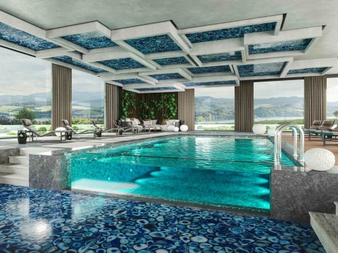 Strefa basenowa z Agata Azul, niebieski kamień szlachetny polerowany jako dekoracyjna podłoga i sufit