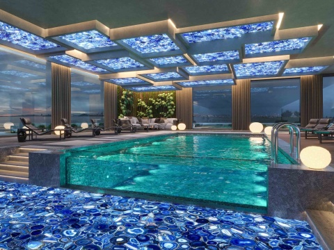 Basen wewnętrzny z podświetlaną Agata Azul, polerowany niebieski agat tworzący luksusową aranżację SPA