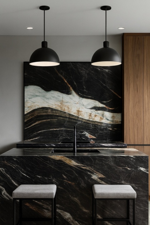 Kuchnia z wyspą z kwarcytu Amalfi o dynamicznym wzorze w czerni, bieli i beżu.