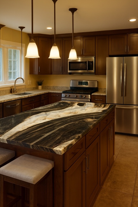 Kuchnia z wyspą z kwarcytu Amalfi o dynamicznym wzorze w czerni, bieli i beżu.