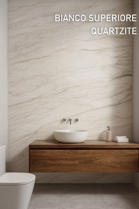 Wizualizacja wnętrza glamour z Bianco Superiore na ścianie i blacie, w białym świetle, z dodatkami.