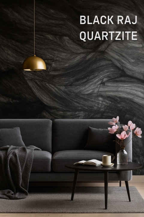 Wizualizacja salonu loftowego z dekoracyjną ścianą z kwarcytu Black Raj o falistym wzorze w czerni i szarości.