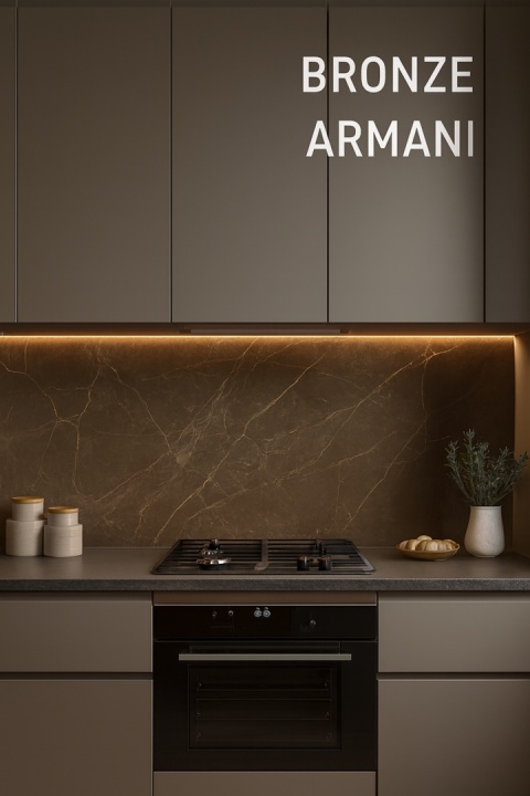 Wizualizacja kuchni z kwarcytem Bronze Armani jako tłem — ciepły brąz z jasnymi żyłkami, LED podświetlenie.