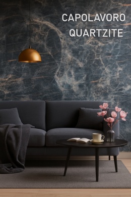 Wizualizacja salonu z dekoracyjną ścianą z kwarcytu Capolavoro — ciemna baza z jasnymi żyłkami, sofa i dodatki.