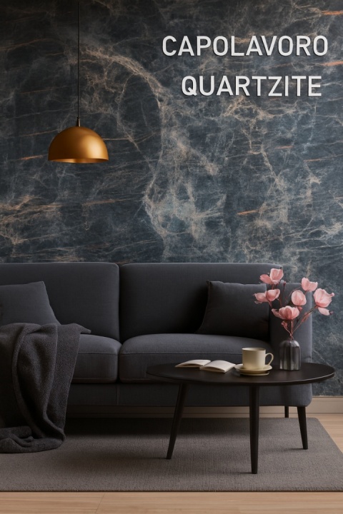 Wizualizacja salonu z dekoracyjną ścianą z kwarcytu Capolavoro — ciemna baza z jasnymi żyłkami, sofa i dodatki.