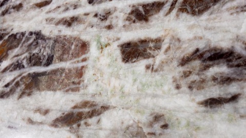 Zbliżenie kwarcytu Cherry ukazujące białe żyły na tle ciemnego burgundowego rysunku