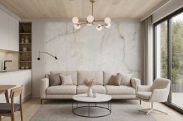 Wizualizacja kuchni z wyspą i blatami z kwarcytu Crystallo Snow, w jasnym, nowoczesnym i luksusowym stylu.