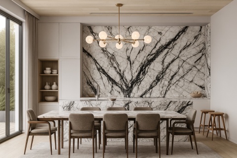 Wizualizacja łazienki z kwarcytem Cullinan na ścianach i blacie, w eleganckim, minimalistycznym stylu.