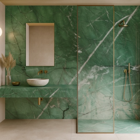 Da Vinci Zielony kamień z białymi i różowymi żyłkami został użyty jako dominujący element na ścianie i blacie.